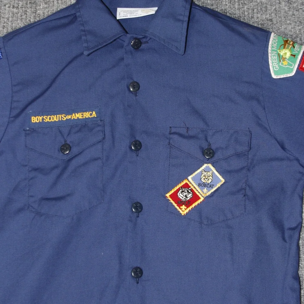 Vintage Boy Scouts of America Shirt‎ Kids LG Blue Long Sleeve Uniform Patches